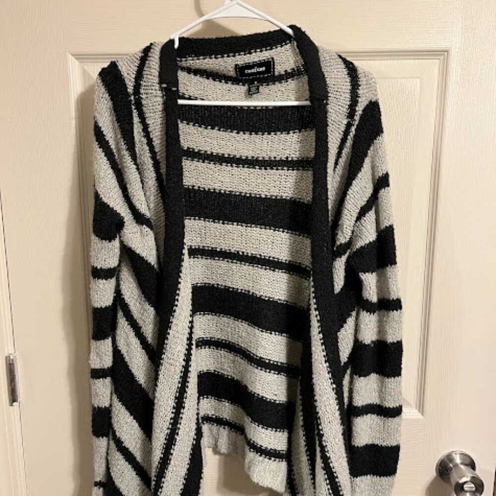 Confess Cream and Black Striped Open Front Cardigan Chunky Sweater